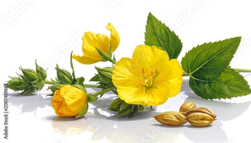 Close-up studio shot of vibrant yellow flowers, buds, and green leaves with a scattering of seed pods against white