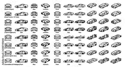 Foto Sports Car Icon Collection Editable Stroke Racing Vehicle Outline Vector Set on