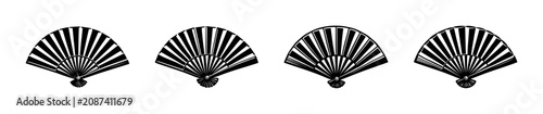 Four black and white folding fans arranged in a row on a white background