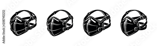 Tableau sur toile Set of four black protective face masks with straps and buckles, isolated on whi