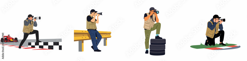 Obraz premium Set of illustrations depicting professional sports photographers taking pictures of race cars at a motorsport event on a white background.