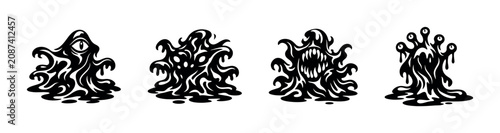 Fényképezés Collection of four distinct black amorphous blob monsters with eyes and mouths