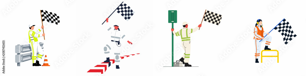 Obraz premium Set of illustrations featuring race marshals and track officials waving checkered flags at a motor racing competition finish line.