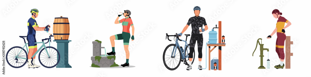 Fototapeta premium Set of cyclists refilling water bottles at various hydration stations during their rides, flat vector illustration on white background.