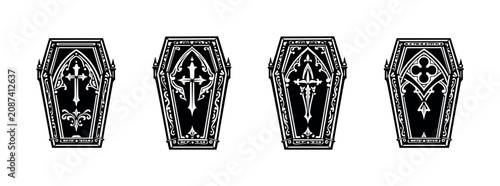 Tableau sur toile Set of four ornate gothic coffins with crosses and decorative elements