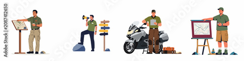 Set of male tour guides and park rangers in uniform providing instructions, showing maps, and preparing for outdoor adventure tours.