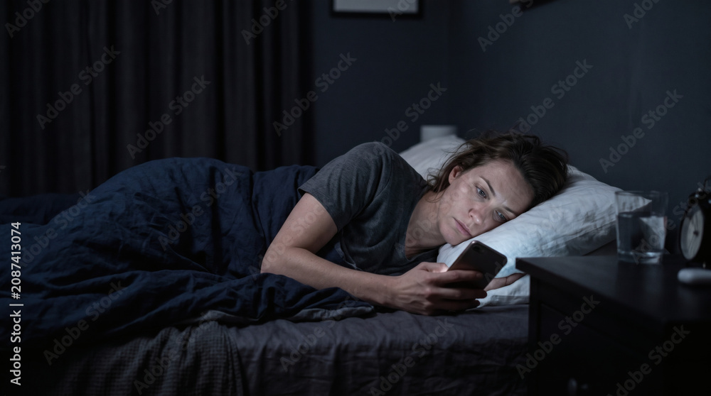 Fototapeta premium Woman Lying in Bed at Night Checking Smartphone Unable to Sleep