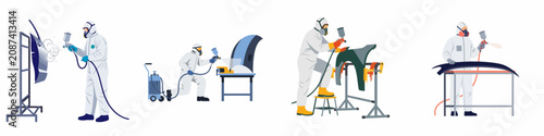Obraz na płótnie Professional workers in protective suits and masks spray painting various automobile parts in a car body repair shop, flat vector illustrations