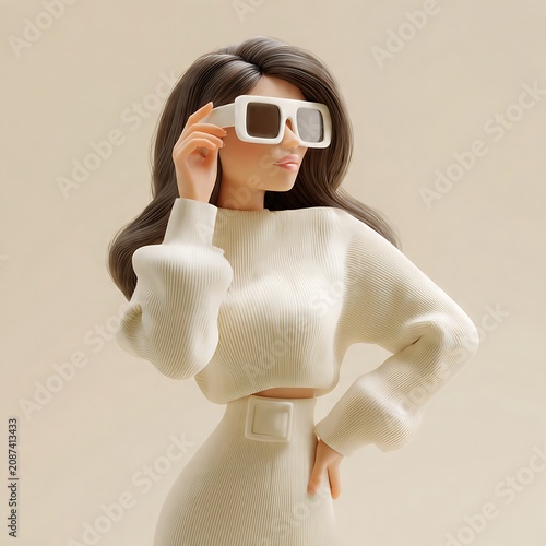 Chic 3D cartoon woman with long brown hair adjusting oversized white sunglasses, wearing a cream cropped sweater against a beige backdrop.