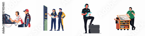 Bild auf Leinwand Flat vector illustrations of professional motor racing support staff, engineers, and drivers analyzing data and managing race strategy in various scenarios