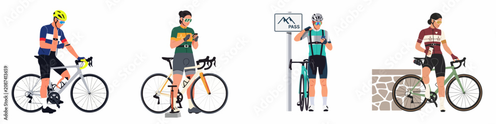 Fototapeta premium Set of four flat vector illustrations showing diverse road cyclists taking a break, using technology, and maintaining their bikes on a white background.