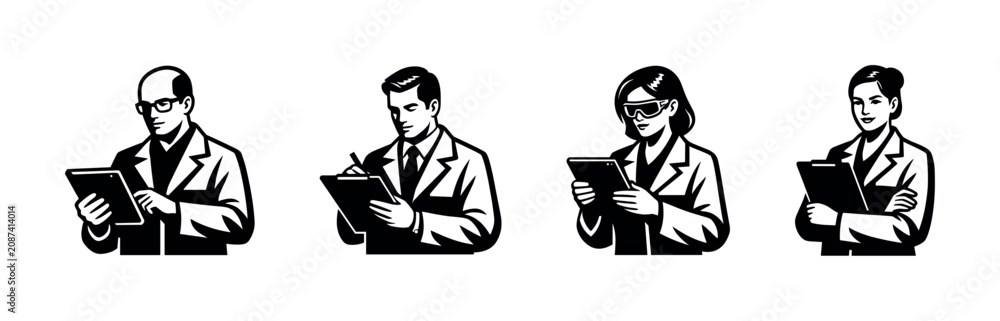 Fototapeta premium Scientists in lab coats with clipboards and tablets, diverse team working