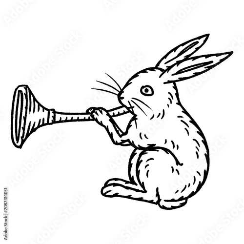 Foto Medieval rabbit blowing a horn black and white line art illustration