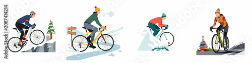 Flat vector illustration of various people cycling in cold winter environments and snowy mountain landscapes.