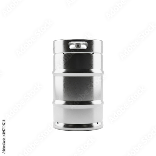 large, professional-grade commercial beverage keg of highly polished stainless steel with chimes and handles, isolated against a seamless transparent background with soft shadow. Industrial product