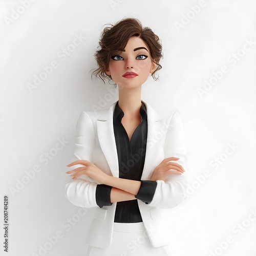 Professional 3D cartoon woman with wavy brown hair wearing a white blazer and black blouse standing with arms crossed.