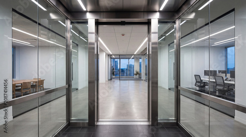 View Fully Open Glass Elevator Doors Which Reveal An Empty Hallway Within An Office Space