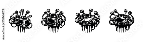 Photos Set of four stylized alien or robotic mechanical devices with tentacles and wire