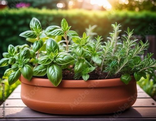 backyard herb garden with rosemary basil mint plants in terracotta pot lush green foliage and fresh garden growth