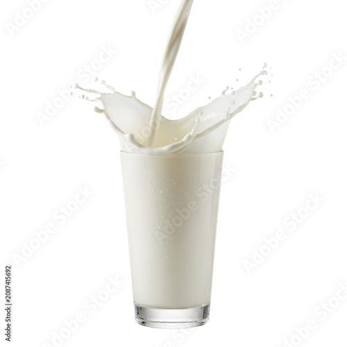 transparent dairy milk pouring into a cold glass, creating a voluminous splash with suspended droplets, frozen mid-air on a transparent studio background with rim lighting. Concept for dairy