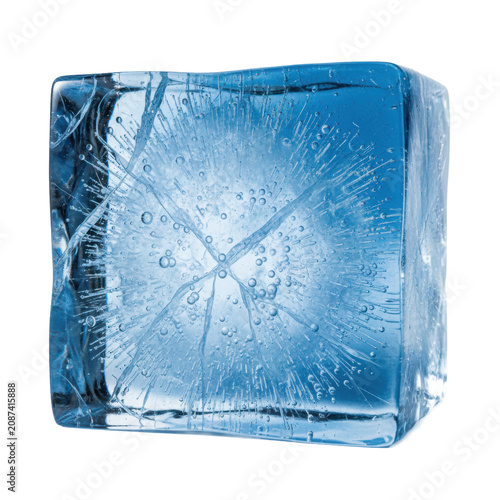 Hyperrealistic macro of monolithic azure glacial ice block with internal micro-fractures, bubbles, and polished edges, on a bright white studio background, high-end beverage advertising concept