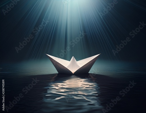 paper boat in dark water under light beam hope and transition concept