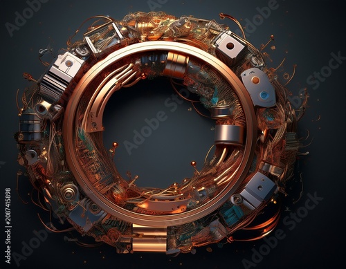 recycling metal ring of electronic scrap on dark background circular economy concept for recovered metal piece and battery part