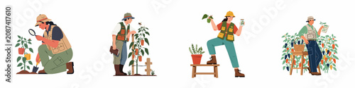 Fényképezés Set of illustrations featuring entomologists and agricultural scientists studying insects and plants in a garden or farm setting