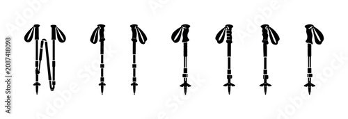 Quadro su tela Collection of hiking and trekking poles, some folded, some extended