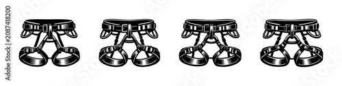 Foto Row of four identical climbing harnesses in a minimalist black and white illustr