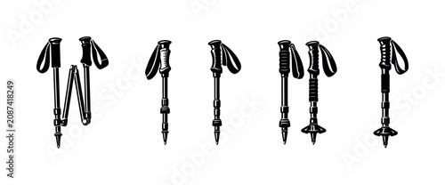 Obraz na płótnie Collection of hiking and trekking poles with different designs and features