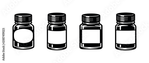 Photos Set of four black and white illustration style small glass bottles with blank la