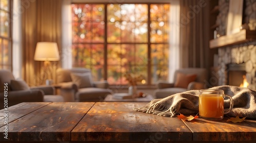Glass mug with warm orange drink on rustic table inside living room