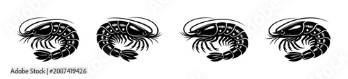 Fotografie Four stylized black shrimp illustrations arranged in a row on a white background
