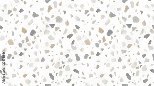 Seamless white terrazzo stone texture with soft grey and beige marble fragments