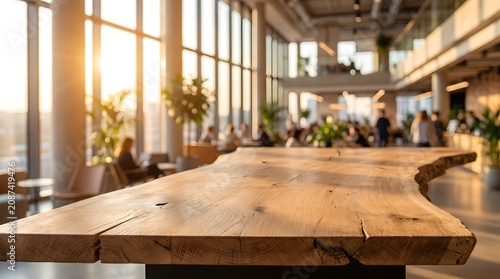Rustic wooden slab tabletop inside a sunlit open plan coworking space
