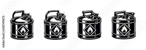 Foto Set of four vintage gasoline cans with flammable hazard symbols