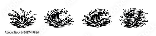 Foto Collection of stylized black and white water splashes and waves in motion