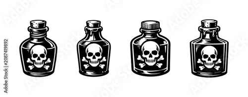 Photography Collection of four vintage poison bottles with skull and crossbones labels