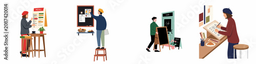 Flat vector illustrations showing creative professionals branding and opening a new cafe with menu design, signage, and interior planning.