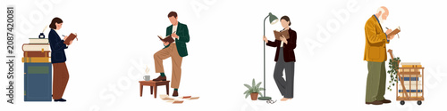 Bild auf Leinwand Vector illustration set featuring diverse people reading and writing with books, notebooks, and stationery in a clean flat design style