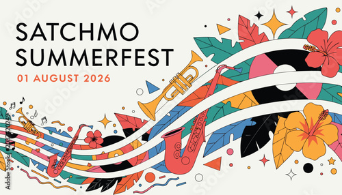 Photography Colorful jazz festival poster design with tropical flowers and instruments