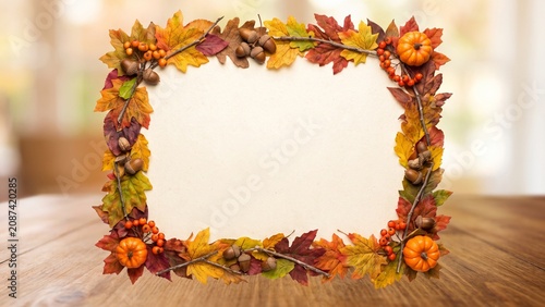 Autumn Leaves and Pumpkins Frame on Wooden Background with Copy Space