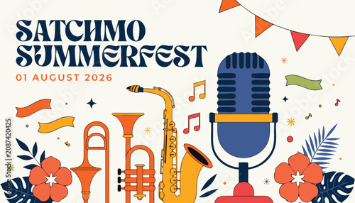 Canvas Print Colorful jazz festival poster featuring a saxophone microphone and musical instr