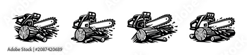 Photos Chainsaw cutting through logs with wood chips flying, stylized illustration