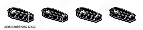 Konstfotografi Row of four identical black coffins on a white background