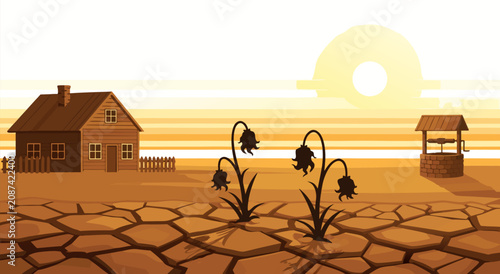 Quadro su tela Drought Landscape Vector Illustration Featuring A Cracked Earth Background Desig