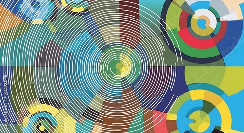 Concentric circles abstract pattern with geometric shapes and vibrant colors