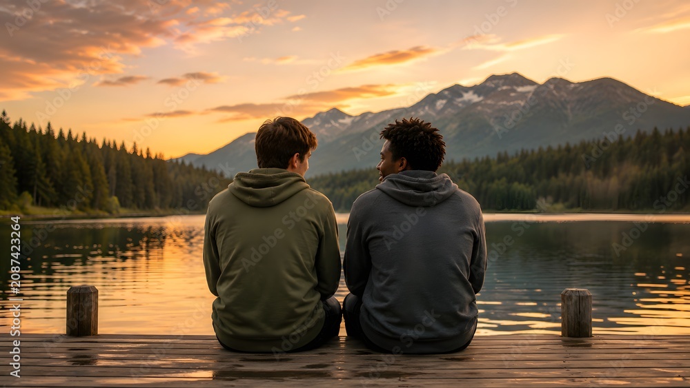 Fototapeta premium Two People Sitting on a Dock Overlooking a Lake and Mountains at Sunset