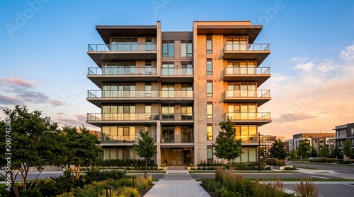 Modern apartment building featuring contemporary architectural design with spacious balconies and glass railings set against a beautiful golden hour sunset sky with soft lighting reflecting on the win